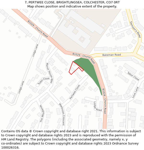 7, PERTWEE CLOSE, BRIGHTLINGSEA, COLCHESTER, CO7 0RT: Location map and indicative extent of plot