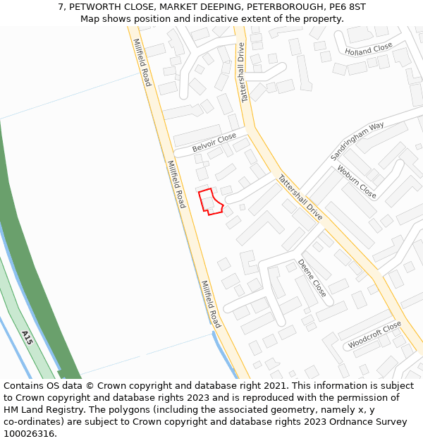 7, PETWORTH CLOSE, MARKET DEEPING, PETERBOROUGH, PE6 8ST: Location map and indicative extent of plot