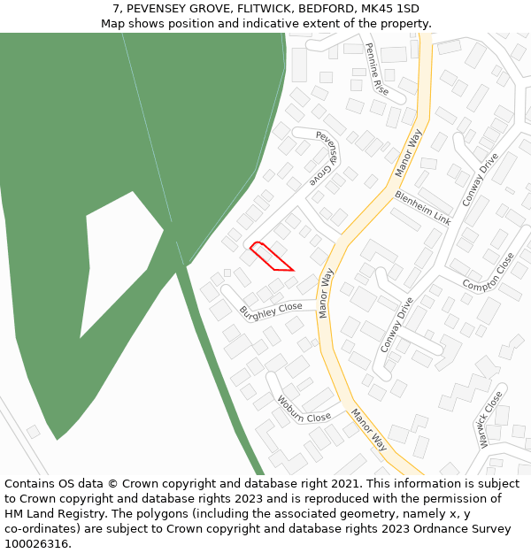 7, PEVENSEY GROVE, FLITWICK, BEDFORD, MK45 1SD: Location map and indicative extent of plot