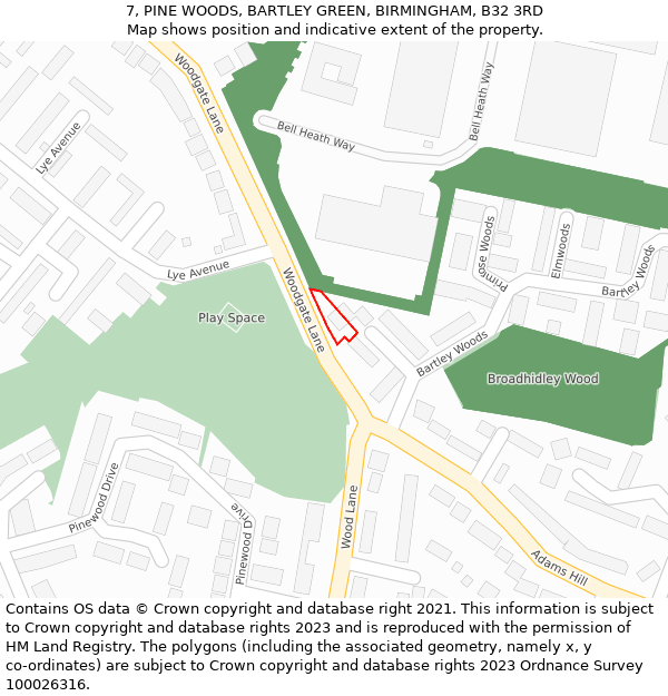 7, PINE WOODS, BARTLEY GREEN, BIRMINGHAM, B32 3RD: Location map and indicative extent of plot