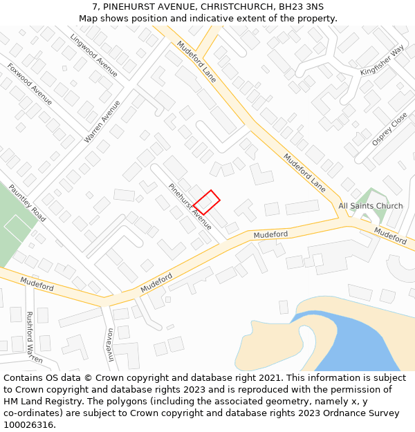 7, PINEHURST AVENUE, CHRISTCHURCH, BH23 3NS: Location map and indicative extent of plot