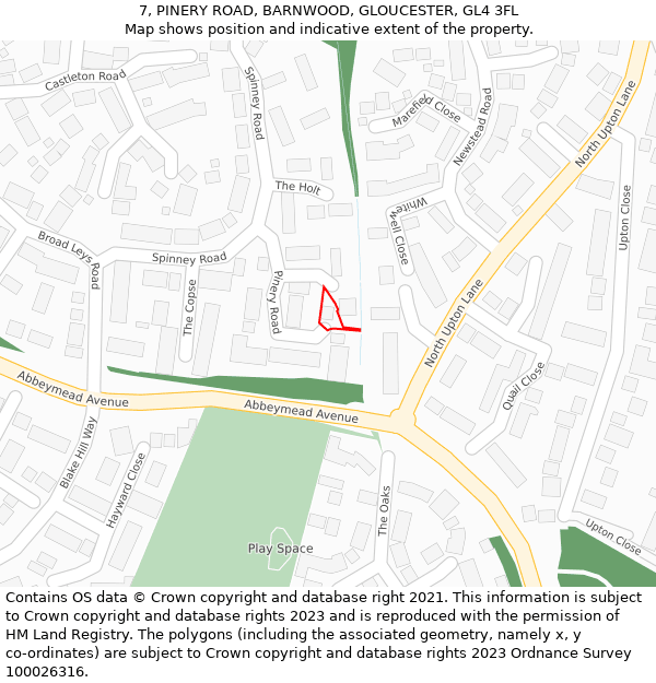 7, PINERY ROAD, BARNWOOD, GLOUCESTER, GL4 3FL: Location map and indicative extent of plot