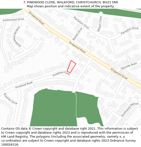 7, PINEWOOD CLOSE, WALKFORD, CHRISTCHURCH, BH23 5RR: Location map and indicative extent of plot