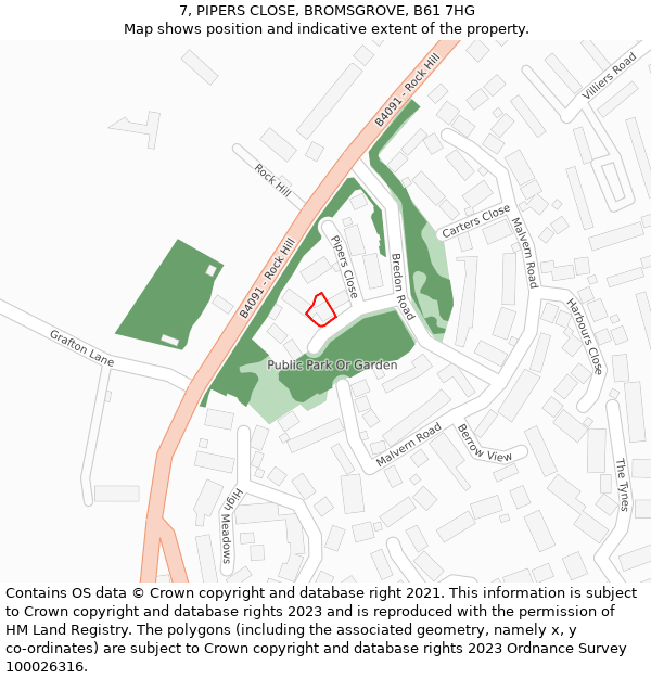 7, PIPERS CLOSE, BROMSGROVE, B61 7HG: Location map and indicative extent of plot