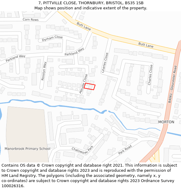 7, PITTVILLE CLOSE, THORNBURY, BRISTOL, BS35 1SB: Location map and indicative extent of plot