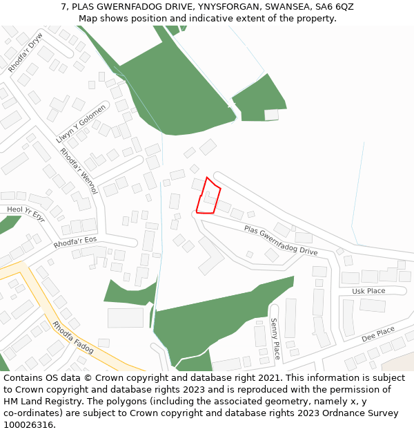 7, PLAS GWERNFADOG DRIVE, YNYSFORGAN, SWANSEA, SA6 6QZ: Location map and indicative extent of plot