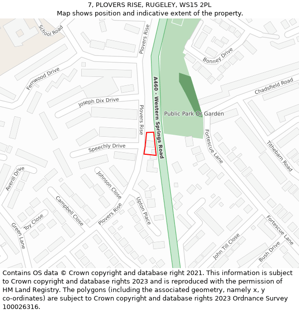 7, PLOVERS RISE, RUGELEY, WS15 2PL: Location map and indicative extent of plot