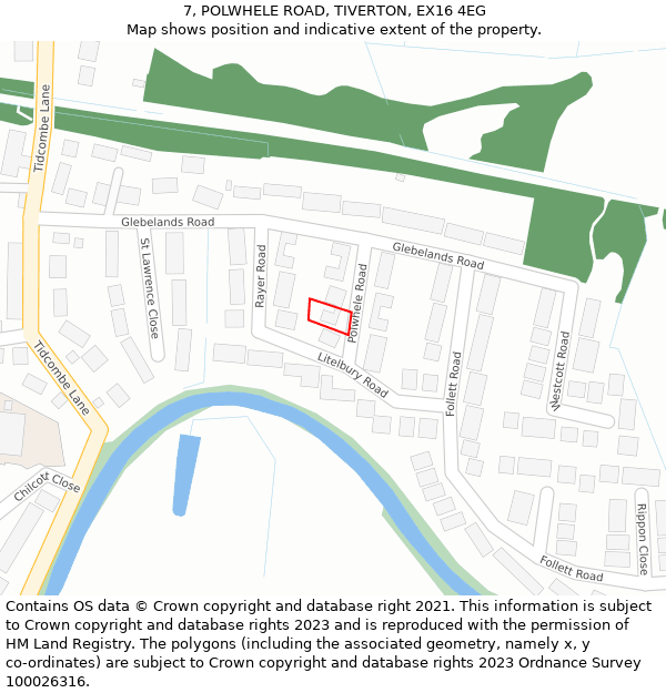 7, POLWHELE ROAD, TIVERTON, EX16 4EG: Location map and indicative extent of plot