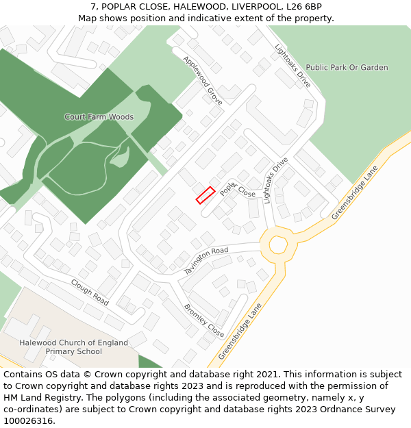 7, POPLAR CLOSE, HALEWOOD, LIVERPOOL, L26 6BP: Location map and indicative extent of plot
