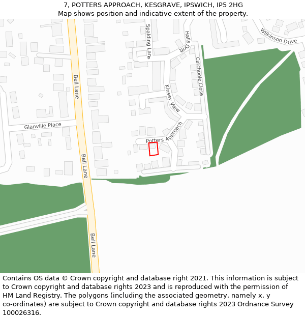 7, POTTERS APPROACH, KESGRAVE, IPSWICH, IP5 2HG: Location map and indicative extent of plot