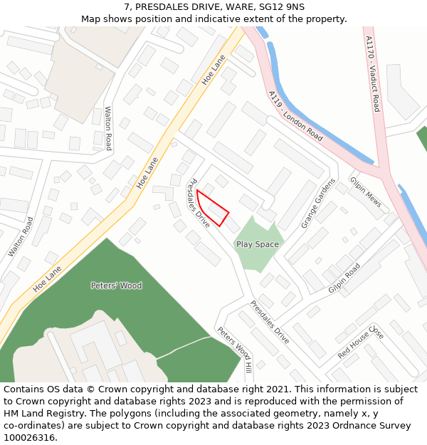 7, PRESDALES DRIVE, WARE, SG12 9NS: Location map and indicative extent of plot