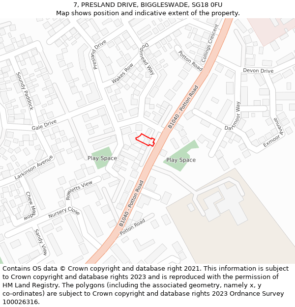 7, PRESLAND DRIVE, BIGGLESWADE, SG18 0FU: Location map and indicative extent of plot