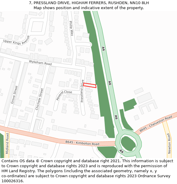 7, PRESSLAND DRIVE, HIGHAM FERRERS, RUSHDEN, NN10 8LH: Location map and indicative extent of plot