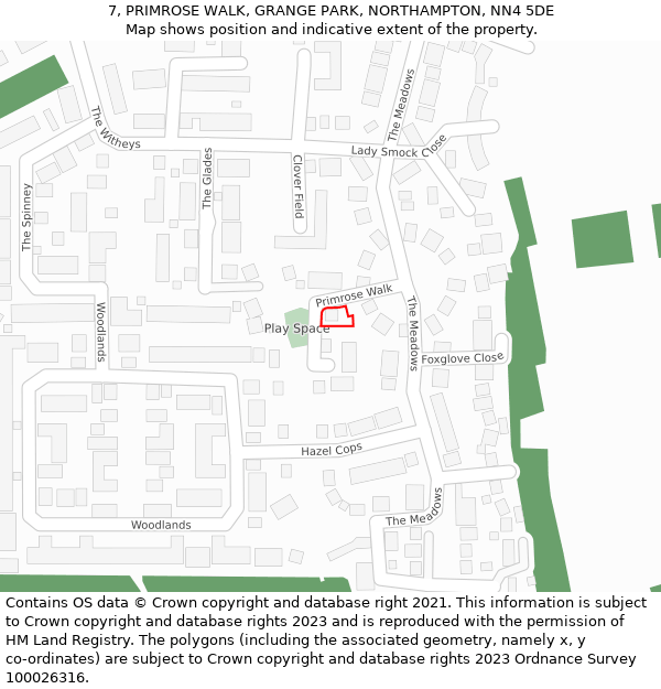 7, PRIMROSE WALK, GRANGE PARK, NORTHAMPTON, NN4 5DE: Location map and indicative extent of plot
