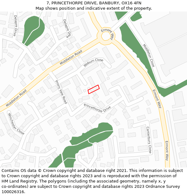 7, PRINCETHORPE DRIVE, BANBURY, OX16 4FN: Location map and indicative extent of plot
