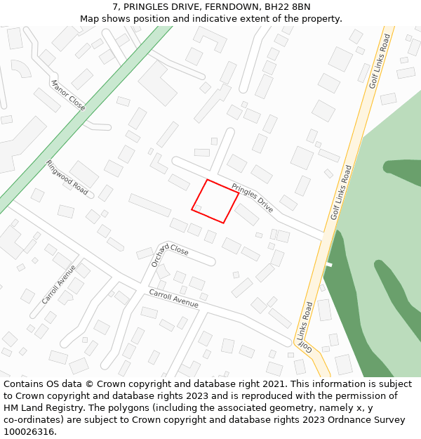 7, PRINGLES DRIVE, FERNDOWN, BH22 8BN: Location map and indicative extent of plot