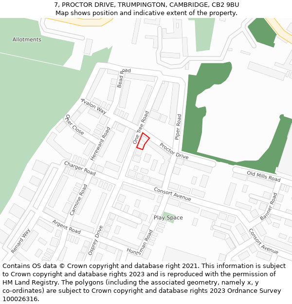 7, PROCTOR DRIVE, TRUMPINGTON, CAMBRIDGE, CB2 9BU: Location map and indicative extent of plot