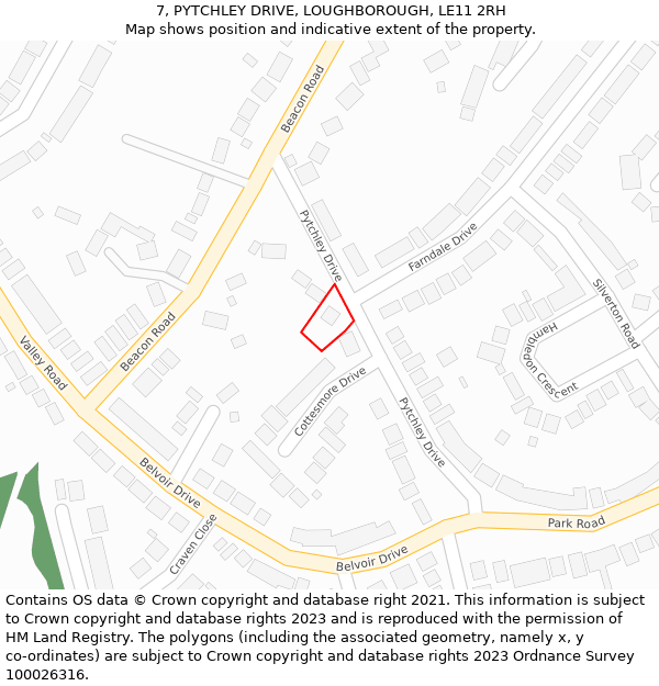 7, PYTCHLEY DRIVE, LOUGHBOROUGH, LE11 2RH: Location map and indicative extent of plot