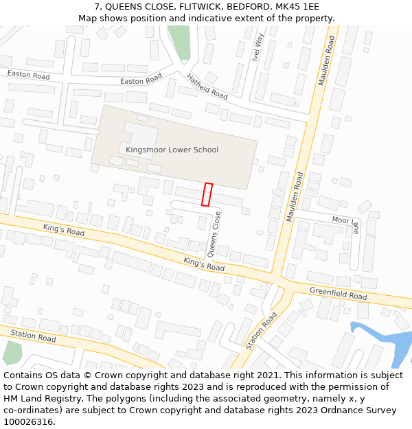 7, QUEENS CLOSE, FLITWICK, BEDFORD, MK45 1EE: Location map and indicative extent of plot