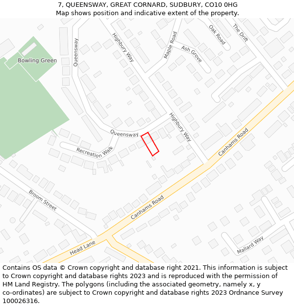 7, QUEENSWAY, GREAT CORNARD, SUDBURY, CO10 0HG: Location map and indicative extent of plot