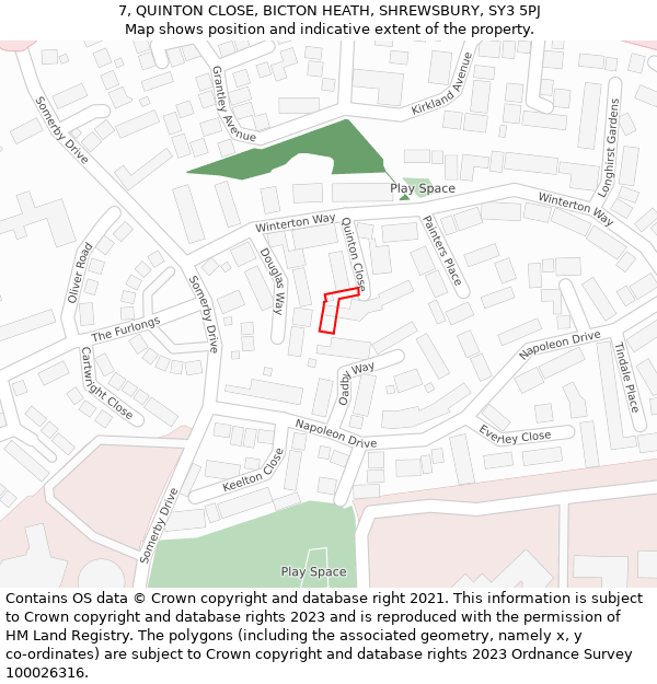 7, QUINTON CLOSE, BICTON HEATH, SHREWSBURY, SY3 5PJ: Location map and indicative extent of plot