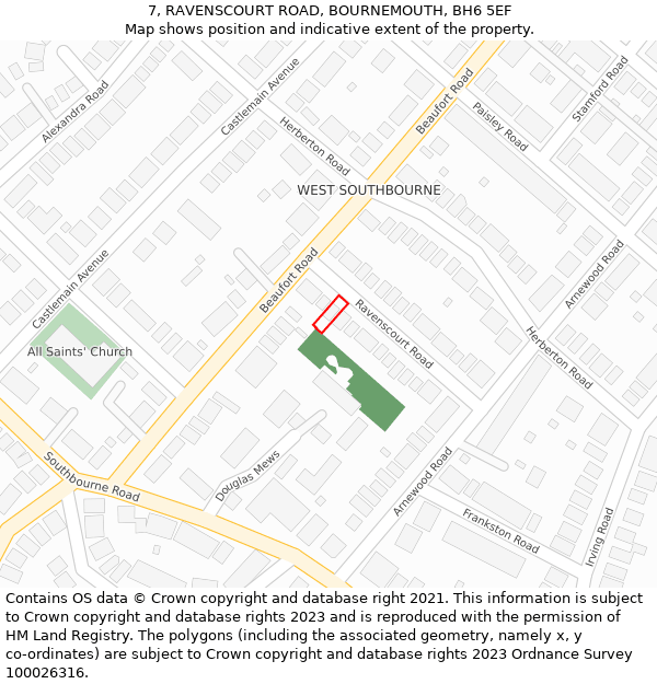 7, RAVENSCOURT ROAD, BOURNEMOUTH, BH6 5EF: Location map and indicative extent of plot