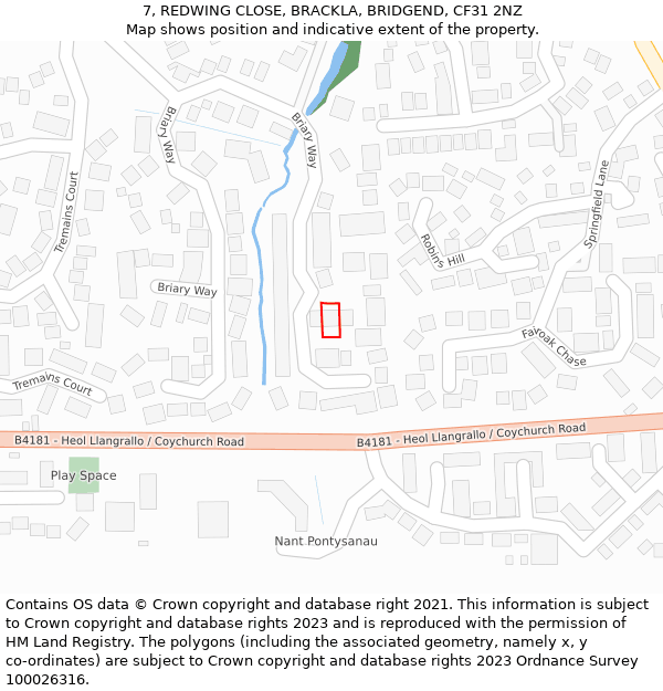 7, REDWING CLOSE, BRACKLA, BRIDGEND, CF31 2NZ: Location map and indicative extent of plot