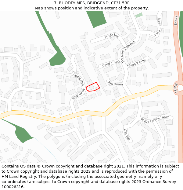 7, RHODFA MES, BRIDGEND, CF31 5BF: Location map and indicative extent of plot