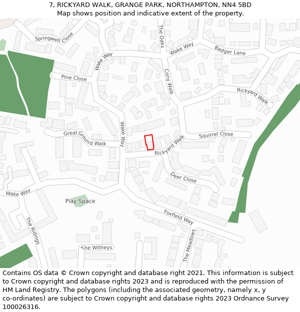 7, RICKYARD WALK, GRANGE PARK, NORTHAMPTON, NN4 5BD: Location map and indicative extent of plot
