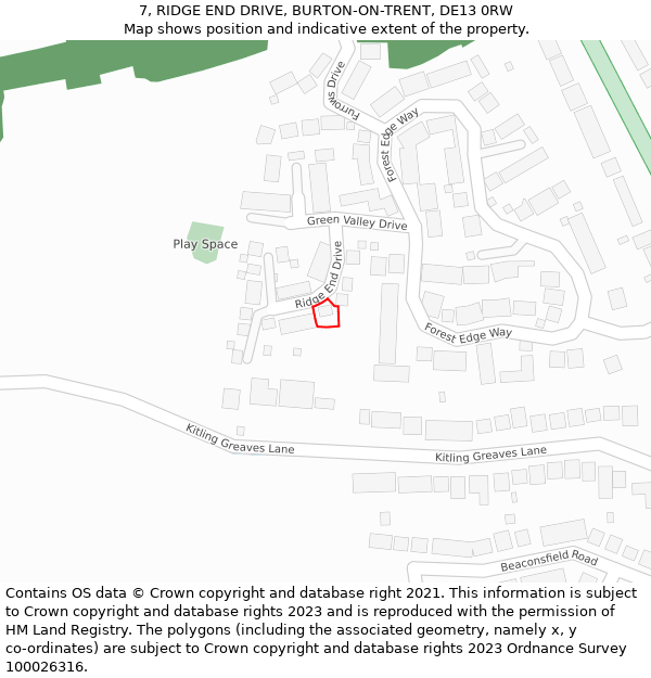 7, RIDGE END DRIVE, BURTON-ON-TRENT, DE13 0RW: Location map and indicative extent of plot