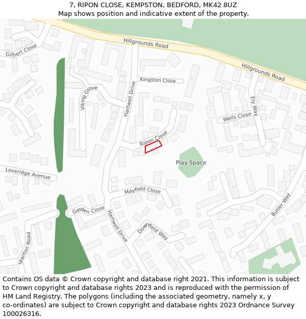 7, RIPON CLOSE, KEMPSTON, BEDFORD, MK42 8UZ: Location map and indicative extent of plot