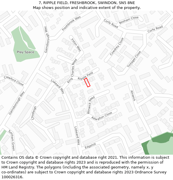 7, RIPPLE FIELD, FRESHBROOK, SWINDON, SN5 8NE: Location map and indicative extent of plot