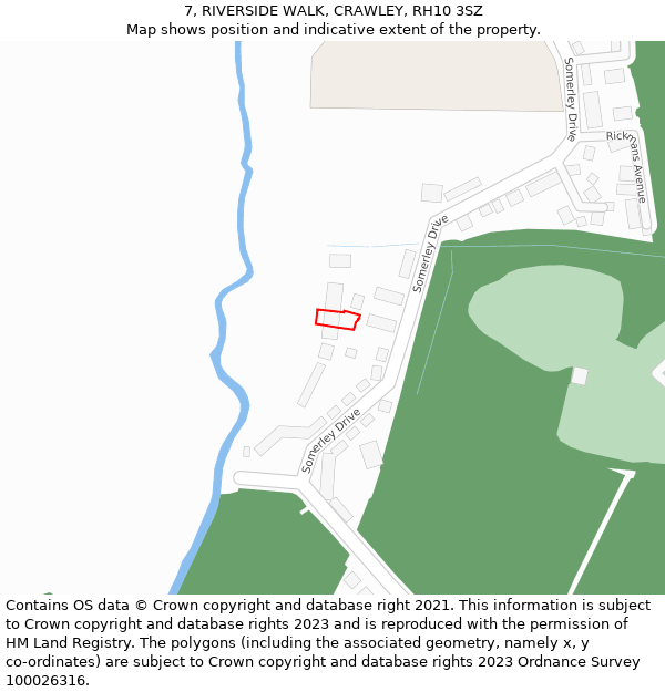 7, RIVERSIDE WALK, CRAWLEY, RH10 3SZ: Location map and indicative extent of plot
