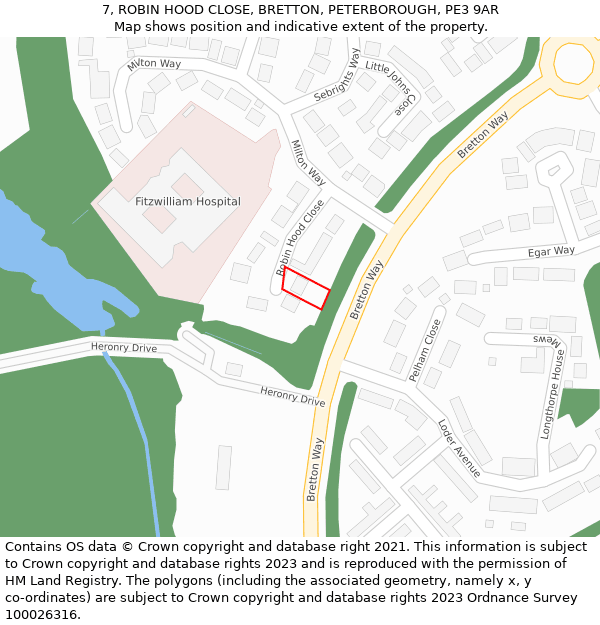 7, ROBIN HOOD CLOSE, BRETTON, PETERBOROUGH, PE3 9AR: Location map and indicative extent of plot