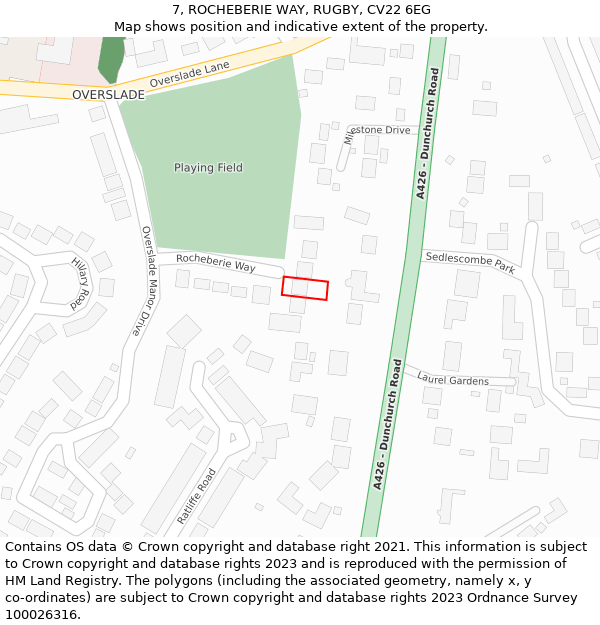 7, ROCHEBERIE WAY, RUGBY, CV22 6EG: Location map and indicative extent of plot