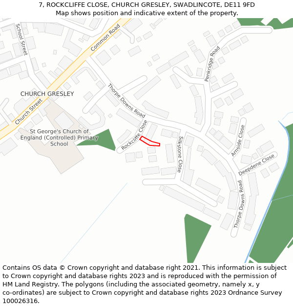 7, ROCKCLIFFE CLOSE, CHURCH GRESLEY, SWADLINCOTE, DE11 9FD: Location map and indicative extent of plot