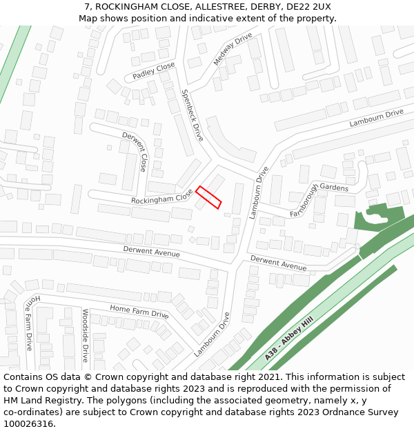 7, ROCKINGHAM CLOSE, ALLESTREE, DERBY, DE22 2UX: Location map and indicative extent of plot