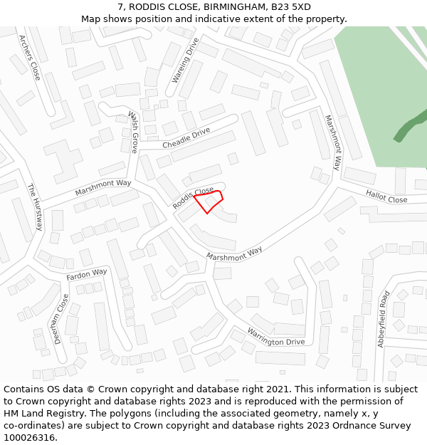 7, RODDIS CLOSE, BIRMINGHAM, B23 5XD: Location map and indicative extent of plot