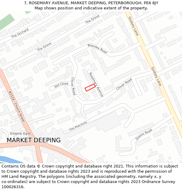 7, ROSEMARY AVENUE, MARKET DEEPING, PETERBOROUGH, PE6 8JY: Location map and indicative extent of plot