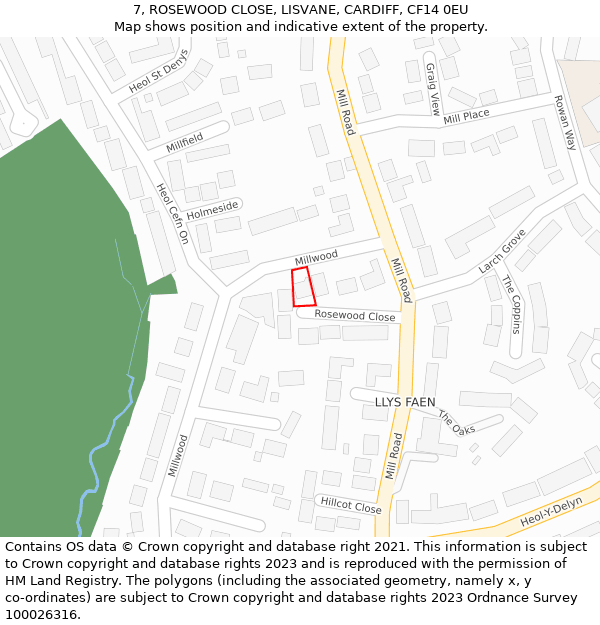 7, ROSEWOOD CLOSE, LISVANE, CARDIFF, CF14 0EU: Location map and indicative extent of plot
