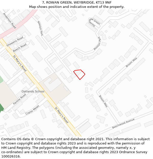 7, ROWAN GREEN, WEYBRIDGE, KT13 9NF: Location map and indicative extent of plot