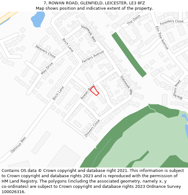7, ROWAN ROAD, GLENFIELD, LEICESTER, LE3 8FZ: Location map and indicative extent of plot