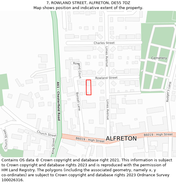 7, ROWLAND STREET, ALFRETON, DE55 7DZ: Location map and indicative extent of plot