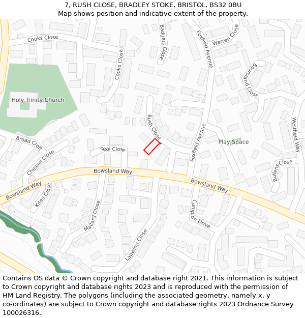 7, RUSH CLOSE, BRADLEY STOKE, BRISTOL, BS32 0BU: Location map and indicative extent of plot