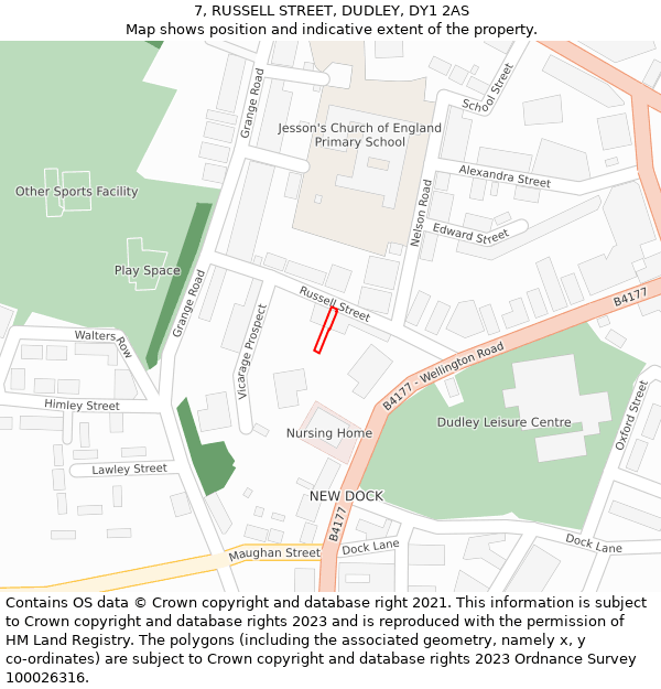 7, RUSSELL STREET, DUDLEY, DY1 2AS: Location map and indicative extent of plot