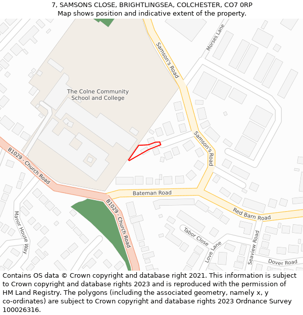 7, SAMSONS CLOSE, BRIGHTLINGSEA, COLCHESTER, CO7 0RP: Location map and indicative extent of plot