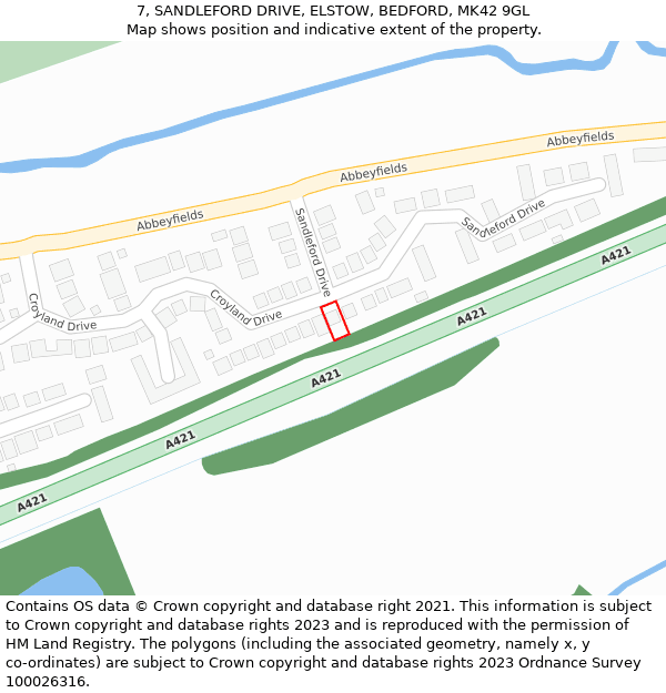 7, SANDLEFORD DRIVE, ELSTOW, BEDFORD, MK42 9GL: Location map and indicative extent of plot