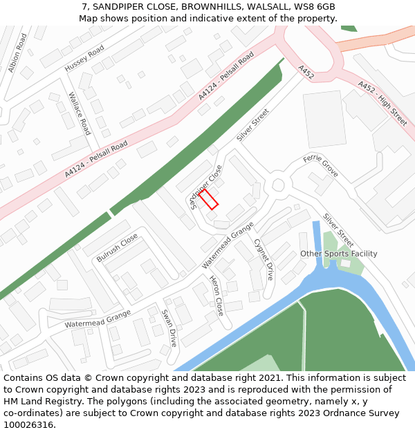 7, SANDPIPER CLOSE, BROWNHILLS, WALSALL, WS8 6GB: Location map and indicative extent of plot