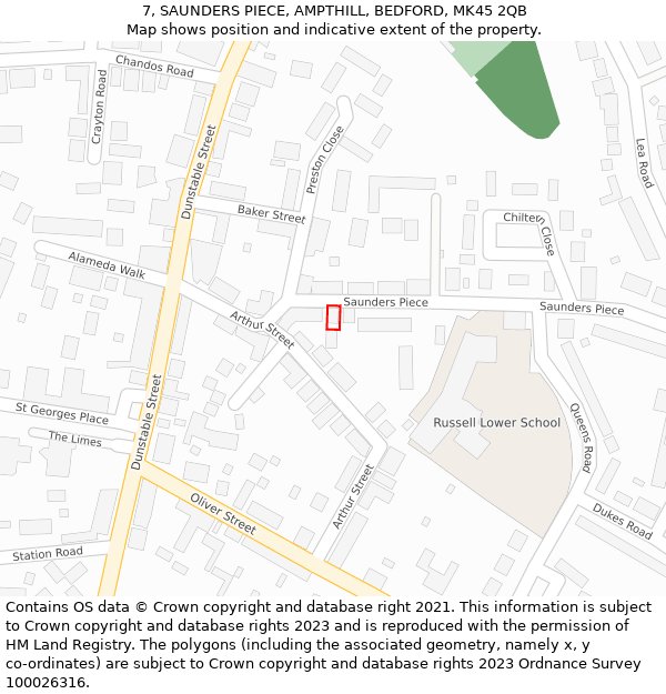 7, SAUNDERS PIECE, AMPTHILL, BEDFORD, MK45 2QB: Location map and indicative extent of plot