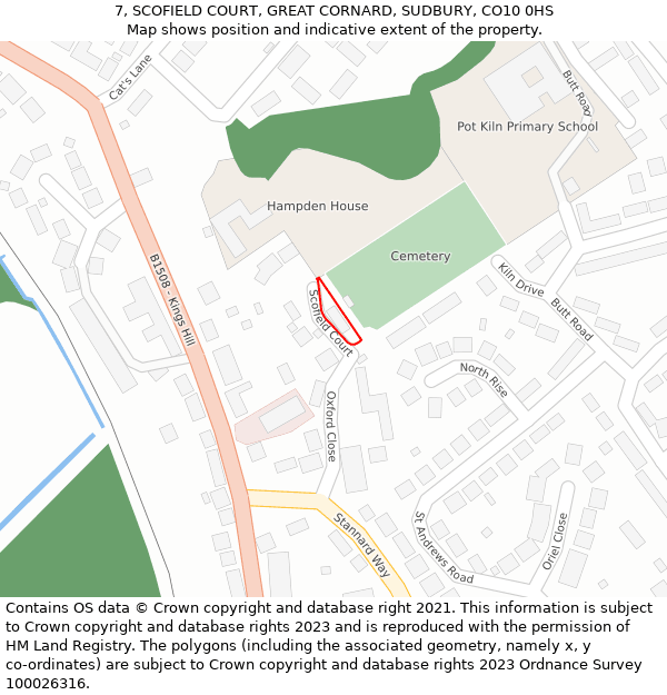 7, SCOFIELD COURT, GREAT CORNARD, SUDBURY, CO10 0HS: Location map and indicative extent of plot